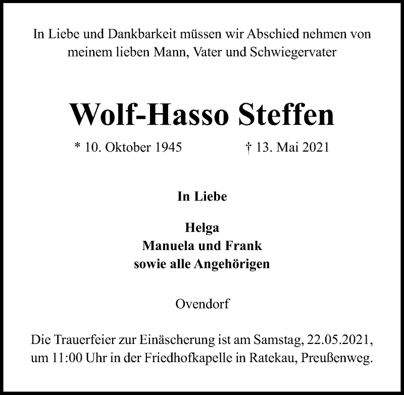  Traueranzeige für Wolf-Hasso Steffen vom 19.05.2021 aus Lübecker Nachrichten