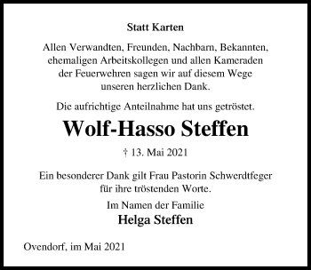 Traueranzeige von Wolf-Hasso Steffen von Lübecker Nachrichten