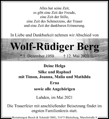 Traueranzeige von Wolf-Rüdiger Berg von Schaumburger Nachrichten