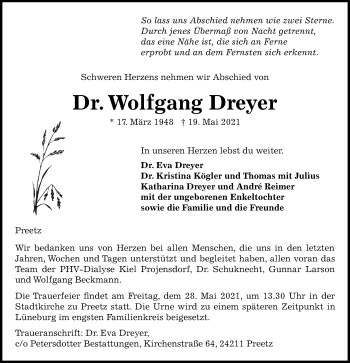 Traueranzeige von Wolfgang Dreyer von Kieler Nachrichten