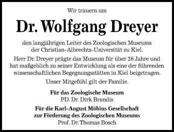 Traueranzeige von Wolfgang Dreyer von Kieler Nachrichten