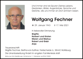 Traueranzeige von Wolfgang Fechner von Aller Zeitung