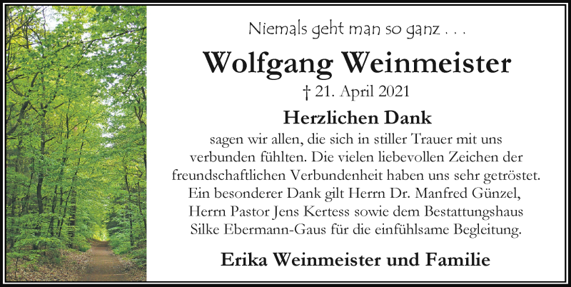 Traueranzeige für Wolfgang Weinmeister vom 22.05.2021 aus Peiner Allgemeine Zeitung