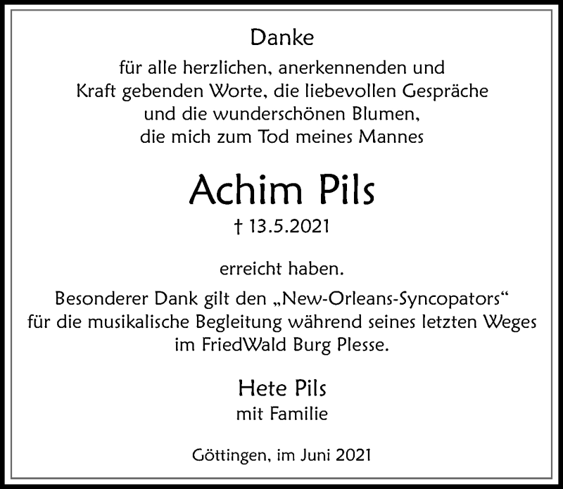  Traueranzeige für Achim Pils vom 12.06.2021 aus Göttinger Tageblatt