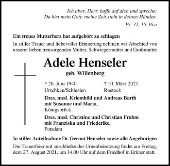 Traueranzeige von Adele Henseler von Ostsee-Zeitung GmbH