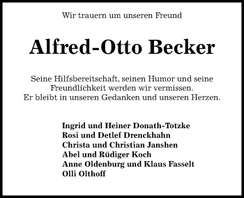 Traueranzeige von Alfred-Otto Becker von Kieler Nachrichten