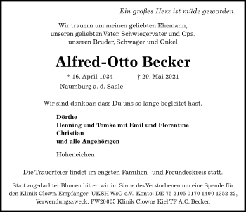 Traueranzeige von Alfred-Otto Becker von Kieler Nachrichten