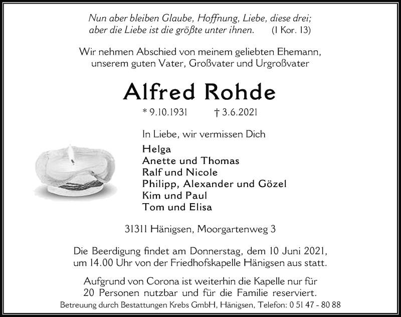  Traueranzeige für Alfred Rohde vom 08.06.2021 aus Hannoversche Allgemeine Zeitung/Neue Presse