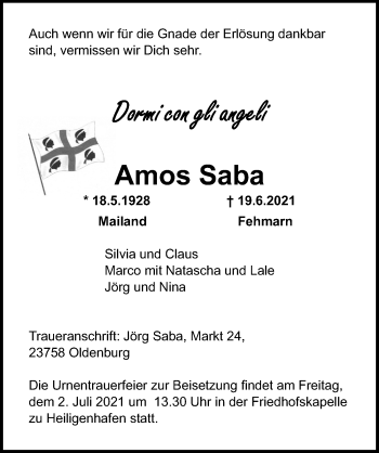 Traueranzeige von Amos Saba von Lübecker Nachrichten