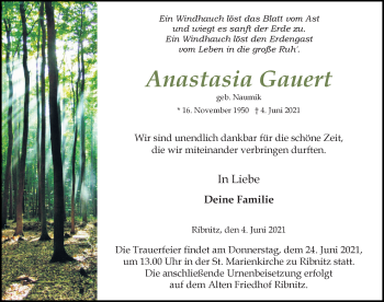 Traueranzeige von Anastasia Gauert von Ostsee-Zeitung GmbH