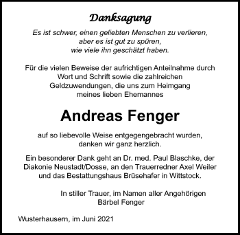 Traueranzeige von Andreas Fenger von Märkischen Allgemeine Zeitung