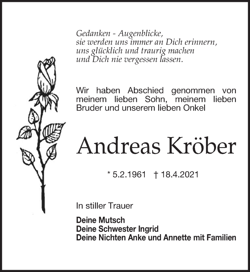  Traueranzeige für Andreas Kröber vom 29.05.2021 aus Leipziger Volkszeitung