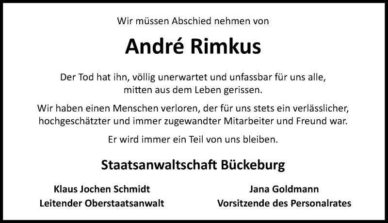  Traueranzeige für André Rimkus vom 26.06.2021 aus Schaumburger Nachrichten