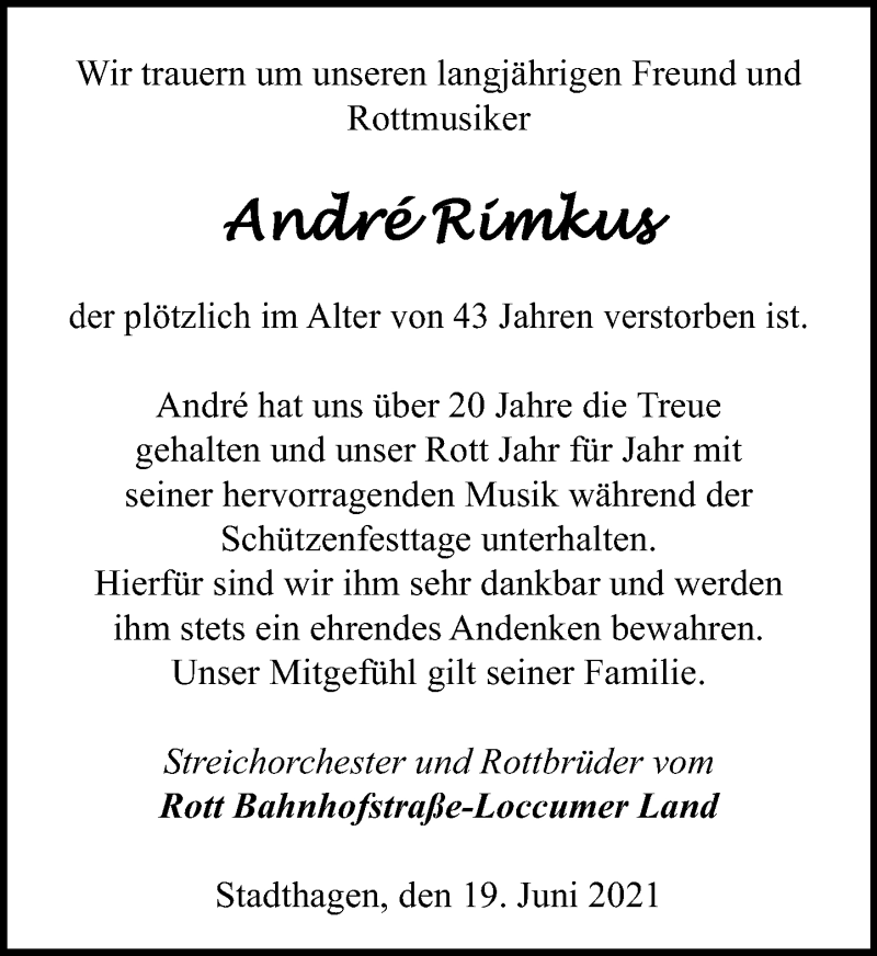  Traueranzeige für André Rimkus vom 29.06.2021 aus Schaumburger Nachrichten