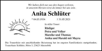 Traueranzeige von Anita Schlüter von Lübecker Nachrichten