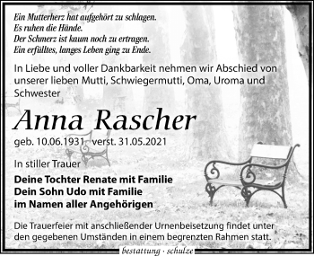 Traueranzeige von Anna Rascher von Leipziger Volkszeitung