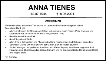 Traueranzeige von Anna Tienes von Ostsee-Zeitung GmbH