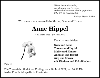 Traueranzeige von Anne Hippel von Kieler Nachrichten