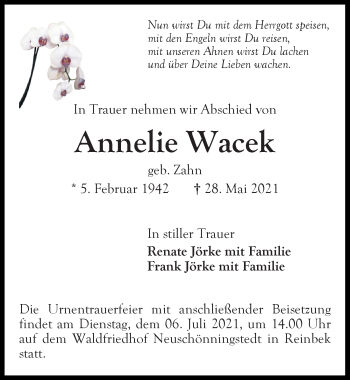 Traueranzeige von Annelie Wacek von Lübecker Nachrichten