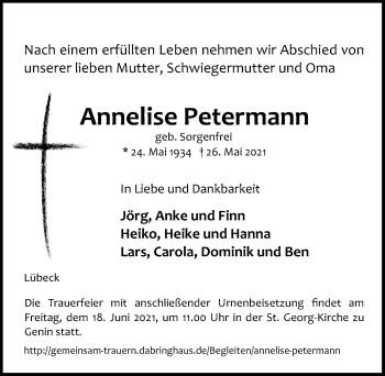 Traueranzeige von Annelise Petermann von Lübecker Nachrichten