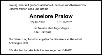 Traueranzeige von Annelore Pralow von Ostsee-Zeitung GmbH