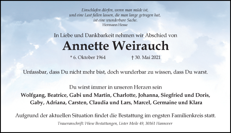  Traueranzeige für Annette Weirauch vom 05.06.2021 aus Hannoversche Allgemeine Zeitung/Neue Presse