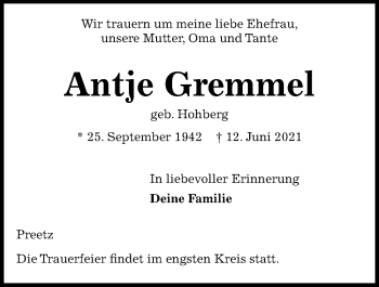 Traueranzeige von Antje Gremmel von Kieler Nachrichten