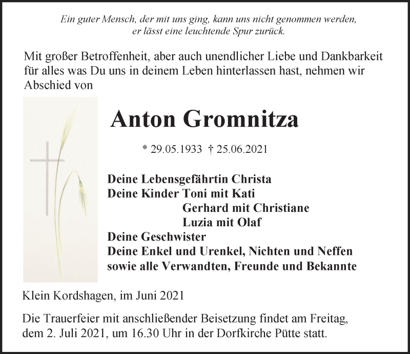  Traueranzeige für Anton Gromnitza vom 30.06.2021 aus Ostsee-Zeitung GmbH