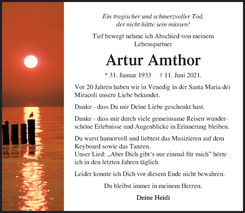  Traueranzeige für Artur Amthor vom 19.06.2021 aus Ostsee-Zeitung GmbH