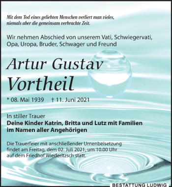 Traueranzeige von Artur Gustav Vortheil von Leipziger Volkszeitung