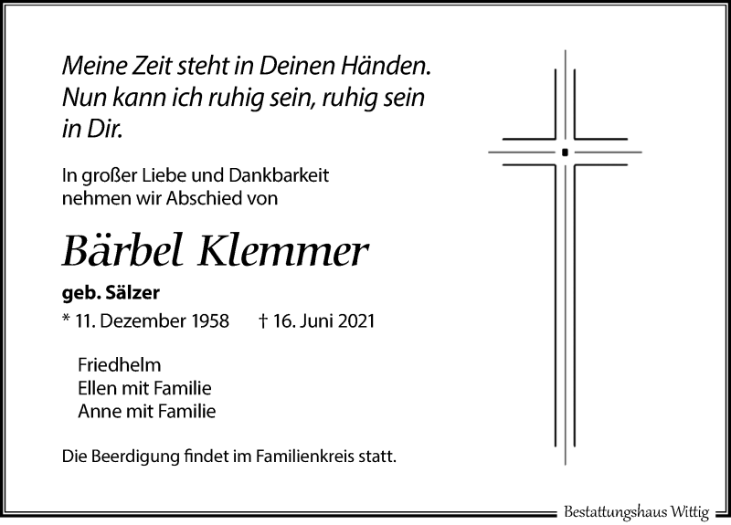  Traueranzeige für Bärbel Klemmer vom 23.06.2021 aus Leipziger Volkszeitung
