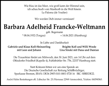 Traueranzeige von Barbara Adelheid Francke-Weltmann von Hannoversche Allgemeine Zeitung/Neue Presse