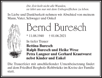 Traueranzeige von Bernd Buresch von Märkischen Allgemeine Zeitung