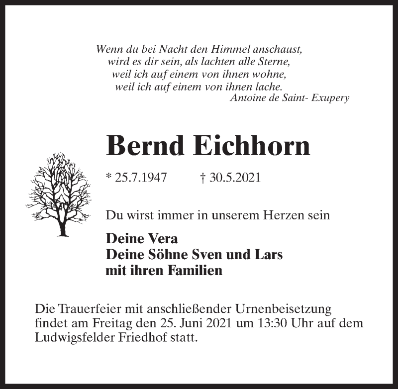  Traueranzeige für Bernd Eichhorn vom 05.06.2021 aus Märkischen Allgemeine Zeitung