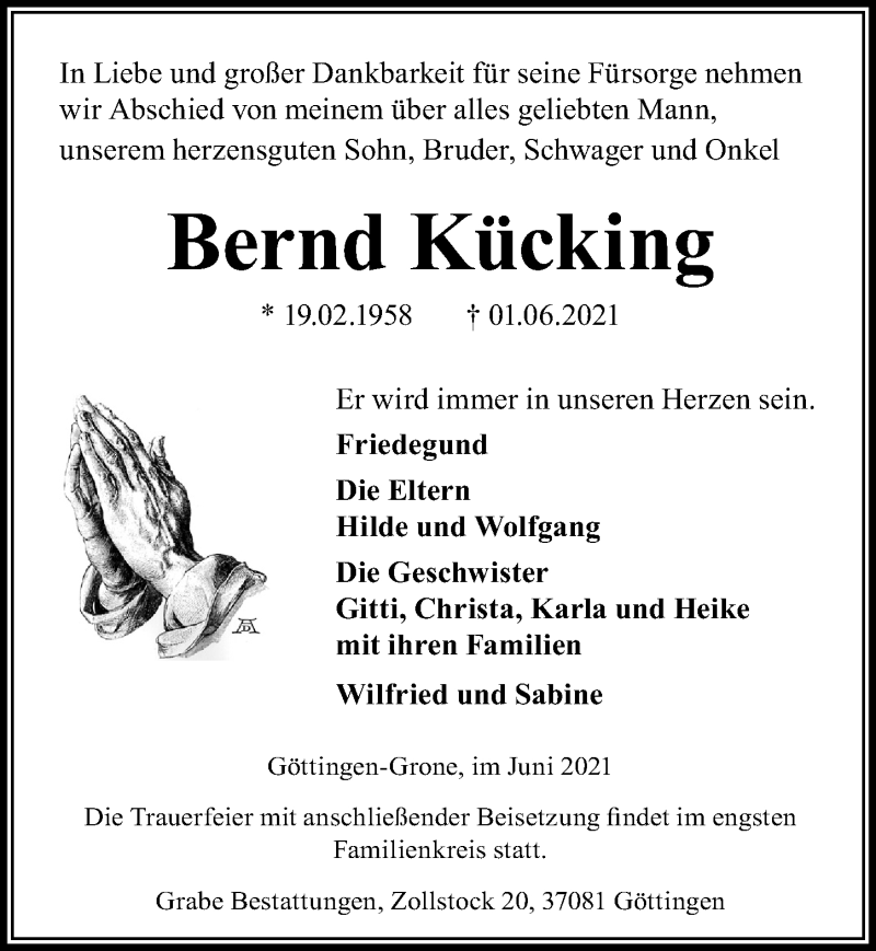  Traueranzeige für Bernd Kücking vom 08.06.2021 aus Göttinger Tageblatt