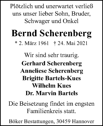 Traueranzeige von Bernd Scherenberg von Hannoversche Allgemeine Zeitung/Neue Presse