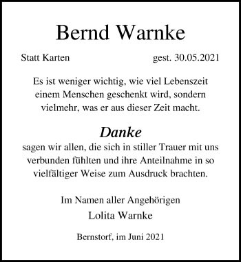 Traueranzeige von Bernd Warnke von Ostsee-Zeitung GmbH