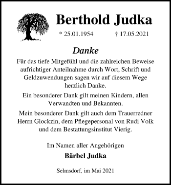 Traueranzeige von Berthold Judka von Ostsee-Zeitung GmbH