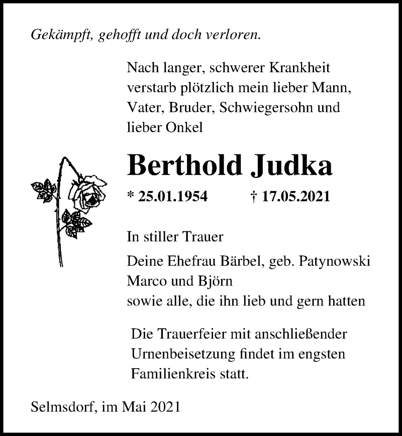  Traueranzeige für Berthold Judka vom 01.06.2021 aus Ostsee-Zeitung GmbH