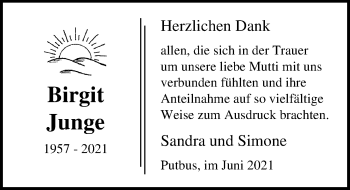 Traueranzeige von Birgit Junge von Ostsee-Zeitung GmbH