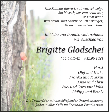 Traueranzeige von Brigitte Glodschei von Ostsee-Zeitung GmbH