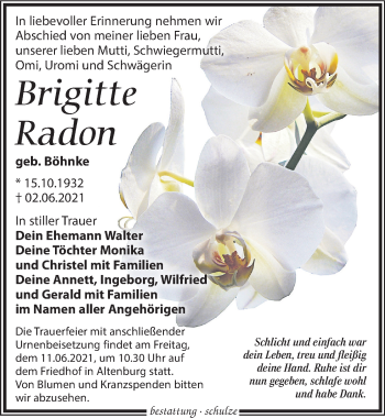 Traueranzeige von Brigitte Radon von Leipziger Volkszeitung