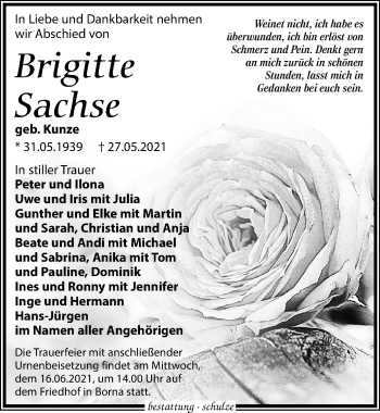 Traueranzeige von Brigitte Sachse von Leipziger Volkszeitung