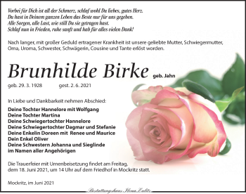 Traueranzeige von Brunhilde Birke von Torgauer Zeitung