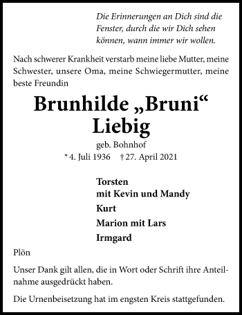 Traueranzeige von Brunhilde Liebig von Kieler Nachrichten