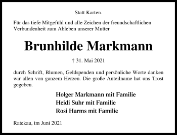 Traueranzeige von Brunhilde Markmann von Lübecker Nachrichten