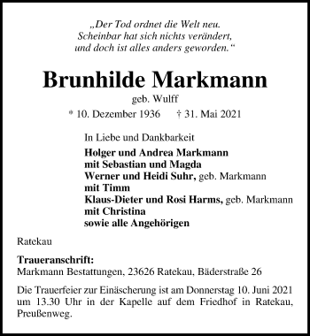 Traueranzeige von Brunhilde Markmann von Lübecker Nachrichten