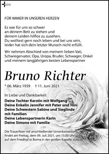 Traueranzeige von Bruno Richter von Leipziger Volkszeitung