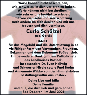 Traueranzeige von Carlo Schölzel von Ostsee-Zeitung GmbH