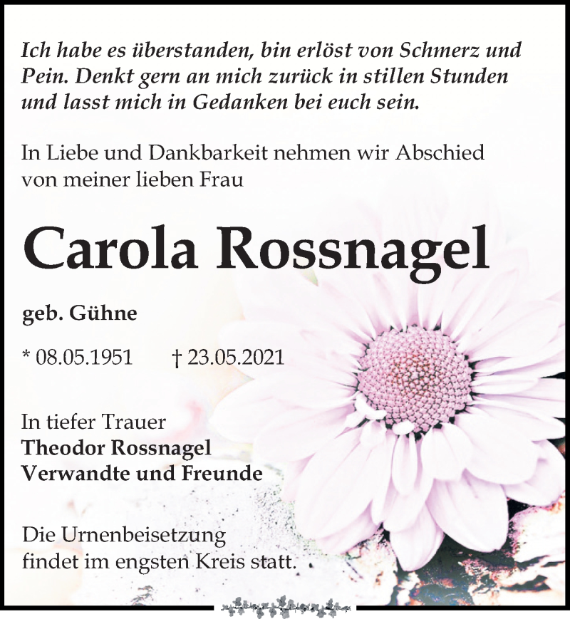  Traueranzeige für Carola Rossnagel vom 19.06.2021 aus Leipziger Volkszeitung